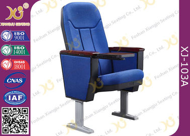 China Soild Wood Armrest Blue Fabric Conference Hall Chairs With Aluminum Feet supplier
