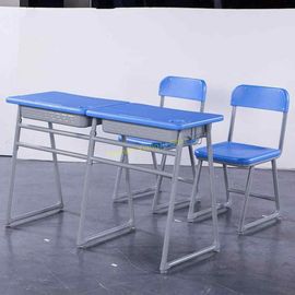 China Double Student Table And Chair Set With HDPE PVC Tabletop Tri - Angle Legs supplier
